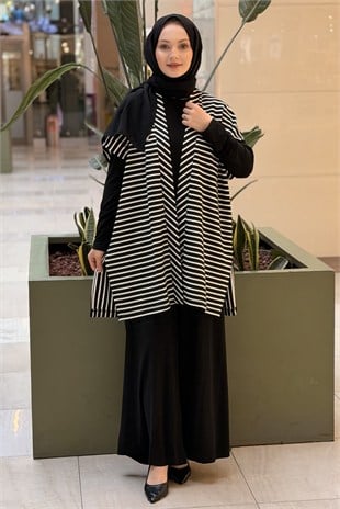 Nurcan Çetin Yatay Çizgi Desenli Yelek Tunik Pantolon 3Lü Takım