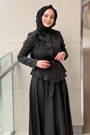 Matex Kabartma Çiçek İşlemeli Ceket Etek Takım
