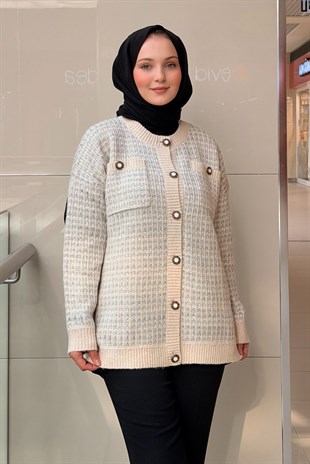 Ghisa Yuvarlak Yaka Önden Düğmeli Pul Örgü İşlemeli Triko Hırka