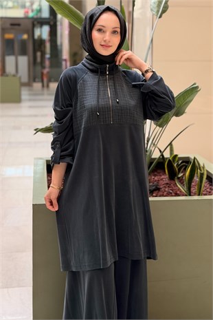 Heddy Bürümcük Kumaş Kombinli Yarım Fermuarlı Tunik Pantolon Takım