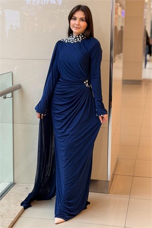 Fashion Nigth Yaka Ve Beli Taş Detaylı Abiye Elbise