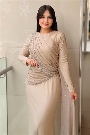 Fashion Night Drapeli Taş İşlemeli Tül Abiye Elbise