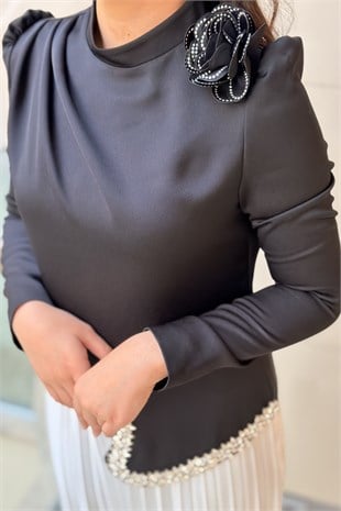 Matex Gül Broşlu Taş Baskılı Bluz Pliseli Etekli Abiye Takım
