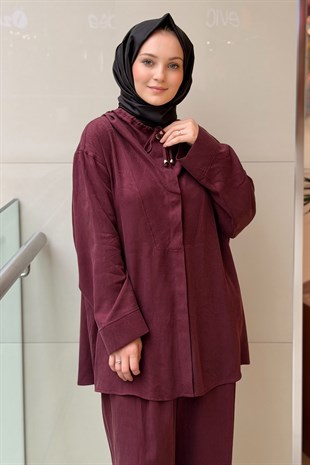 Ghisa Kendinden Desenli Büzgü Yaka Tunik Pantolon Takım