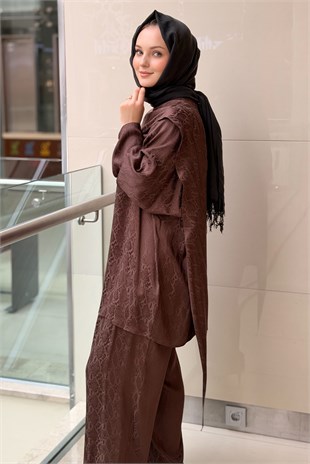 Ghisa Piton Desenli Şal Yaka Tunik Pantolon Takım