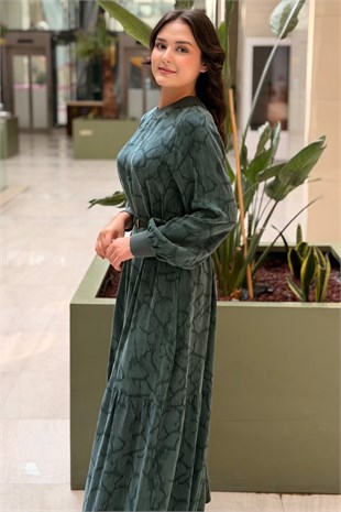 Nurcan Çetin Kendinden Desenli İnce Kemerli Elbise