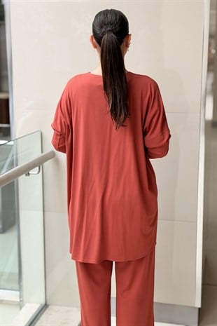 Tığ Triko Asimetrik Drapeli Tunik Pantolon Takım