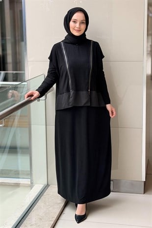 Nurcan Çetin Çift Fermuar Detaylı Kolsuz Yelek İç Elbiseli İkili Takım