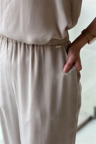 Missdalida Beli Lastikli Bol Paça Cupro Pantolon