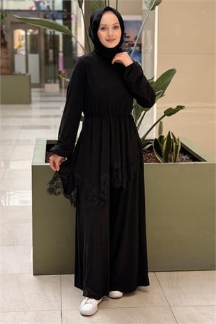 Nurcan Çetin Tunik Bel Büzgülü Altı Güpürlü Bol Pantolonlu Takım