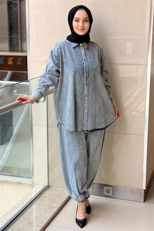 Kahma Kendinden Desenli Paçası Lastikli Yıkamalı Pantolon