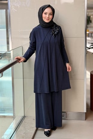 Nurcan Çetin Omuzu Payet İşli Nervürlü Tunik Pantolon Takım