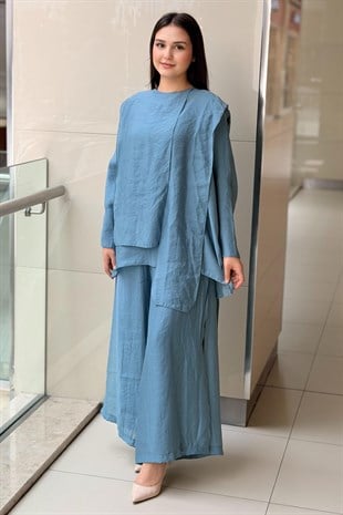 Ceremony Bluzunun Önü Parçalı Bol Paça Pantolonlu Nil Takım