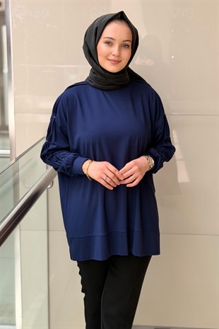 Tığ Triko İşlemeli Kol Oversize Tunik