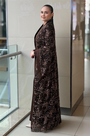 Matex Pul Payetli Önü Açık İçli Dışlı Elbiseli Abaya