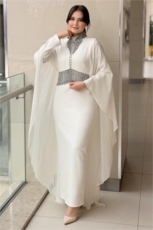 White Corner Pelerin Detaylı Zincir Taşlı Abiye