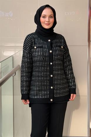 Ghisa Yuvarlak Yaka Önden Düğmeli Pul Örgü İşlemeli Triko Hırka
