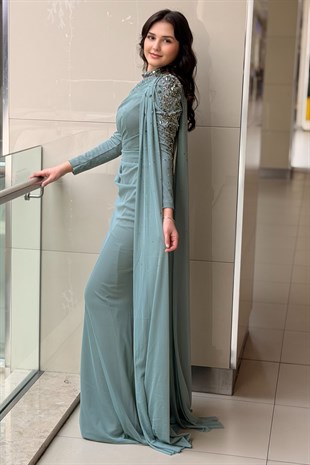 Fashion Night Kolları Taşlı Şifon Tül Abiye Elbise