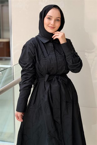 Kahma Nakıl İşlemeli Kuşaklı Gömlek Elbise