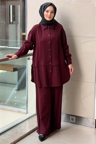 Nurcan Çetin Nervür Detaylı Oval Yırtmaçlı Gömlek Pantolon Takım