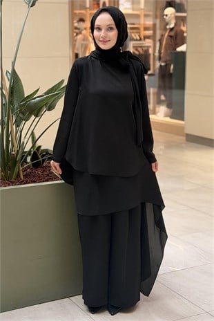 Kahma Şifon Şal Detaylı Bluz Pantolon Takım