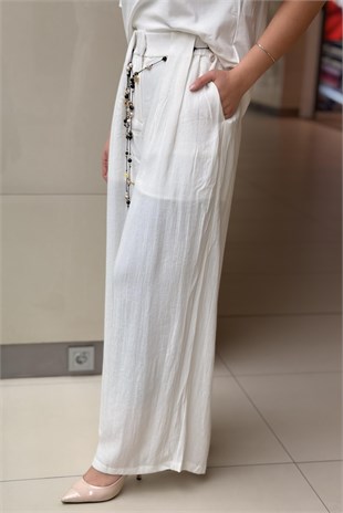 Twist Boncuklu Kuşaklı Wide Leg Pantolon