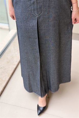 Ceremony Önü Plikaşeli Denim Keten Etek