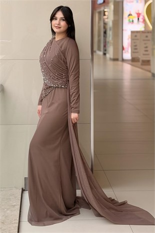 Fashion Night Drapeli Taş İşlemeli Tül Abiye Elbise