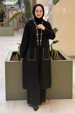 Fuat Gürşen Taş Ve Trok İşlemeli Ara Boy Önü Açık Triko Kap