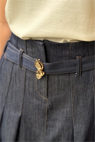 Ceremony Önden Fermuar Ve Pile Detaylı Denim Etek