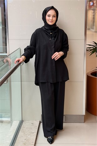 Ghisa Kendinden Desenli Büzgü Yaka Tunik Pantolon Takım