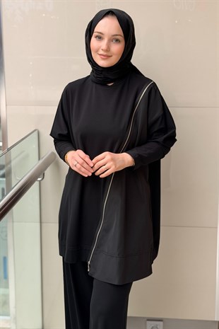Nurcan Çetin Çapraz Fermuar Detaylı Tunik Pantolon Takım