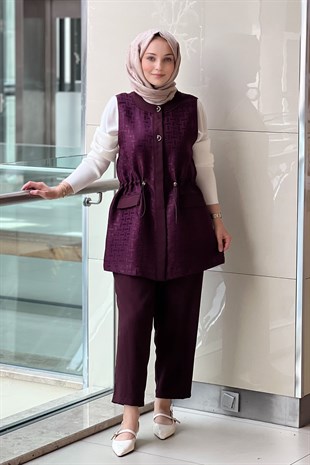 Ghisa Beli Stoperli Kendinden Desenli Yelek Pantolon Takım