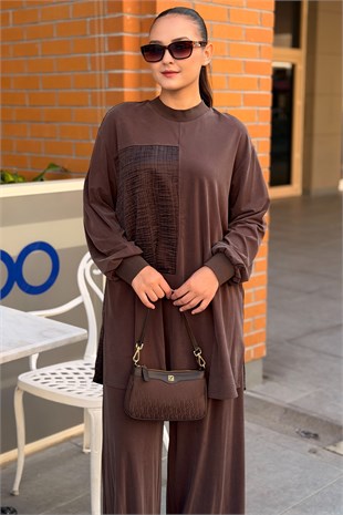 Nurcan Çetin Desenli Kumaş Kombinli Tunik Pantolon Takım
