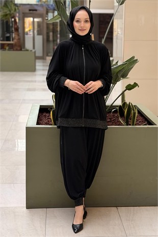 Nurcan Çetin Ribanalı Önden Fermuarlı Ceket Şalvar Takım
