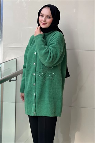 Nuss Önden Çıtçıtlı Pul Payet Çiçek Nakışlı Angora Hırka