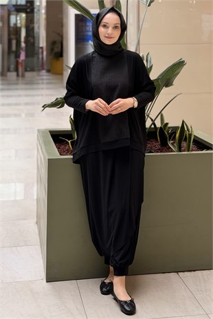 Nurcan Çetin Önü Bürümcük Kumaş Kombinli Tunik Şalvar Takım