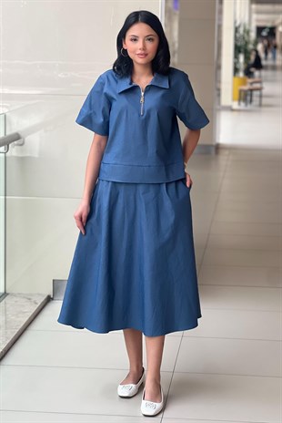 On Fashion Önü Kısa Fermuarlı Bluz Etek Takım