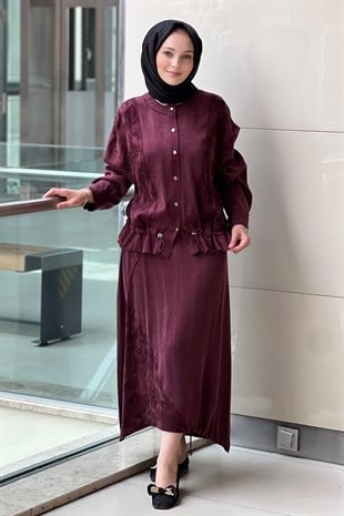 Ghisa Etnik Desenli Düğmeli Nervürlü Tunik Etek Takım