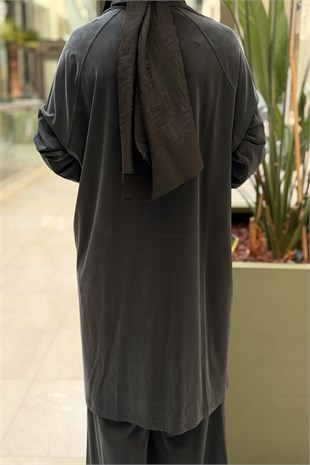 Heddy Bürümcük Kumaş Kombinli Yarım Fermuarlı Tunik Pantolon Takım