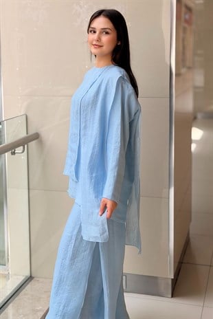 Ceremony Bluzunun Önü Parçalı Bol Paça Pantolonlu Nil Takım