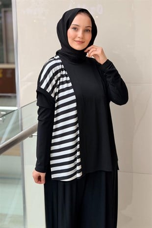Nurcan Çetin Siyah Beyaz Çizgili Kolsuz Tunik İçlik Etek 3lü Set Takım