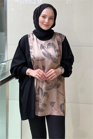 Ghisa Saten Triko Kombinli Desenli Tunik