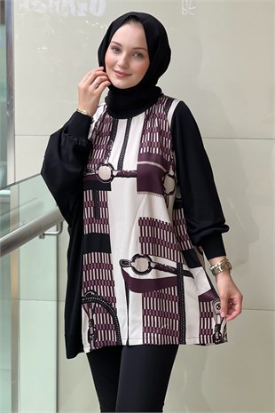 Ghisa Saten Triko Kombinli Desenli Tunik