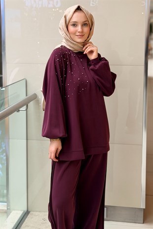 Nuss Omuzu Serpme Taşlı Tunik Pantolon Takım