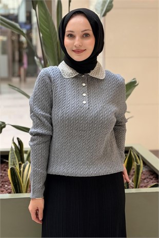 Ghisa Yakası İnci İşlemeli Örgü Desenli Triko Tunik