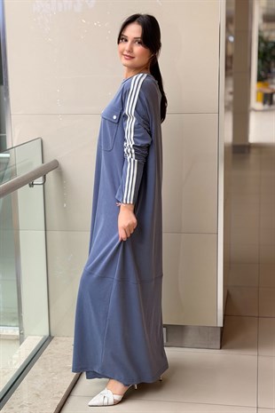 Nurcan Çetin Kolları Çizgili Cep Kapaklı Tam Boy Elbise