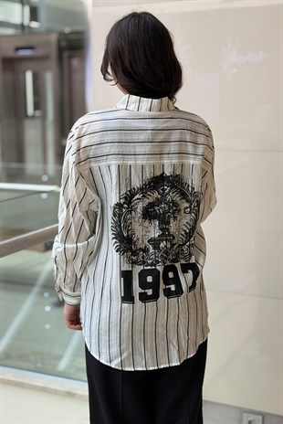 Twist Slogan Baskılı Çizgi Desen Gömlek