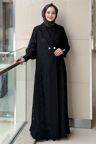 Matex Kruvaze Yaka İç Elbiseli Yakma İkli Abaya Takım