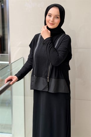 Nurcan Çetin Çift Fermuar Detaylı Kolsuz Yelek İç Elbiseli İkili Takım